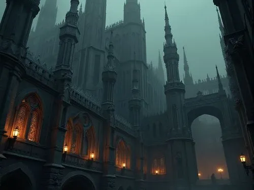 Intricate stone carvings, ribbed vaulted ceilings, pointed arches, flying buttresses, grandiose spires, ornate gargoyles, mystical stained glass windows, eerie lantern towers, dramatic verticality, so