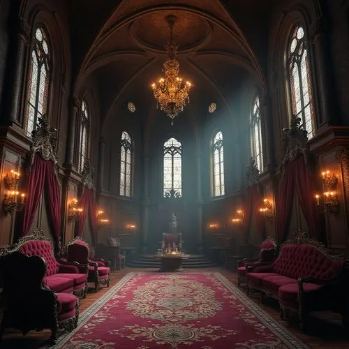 Grand, luxurious interior, high ceiling, intricate stone carvings, ornate chandeliers, stained glass windows, dark wood paneling, velvet drapes, mysterious ambiance, grandiose furniture, carved wooden