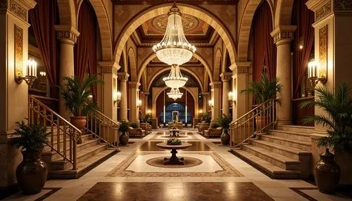 Luxurious hotel lobby, intricate Byzantine arches, ornate marble columns, gilded accents, lavish chandeliers, grand staircases, rich velvet drapes, opulent furnishings, antique vases, frescoed ceiling