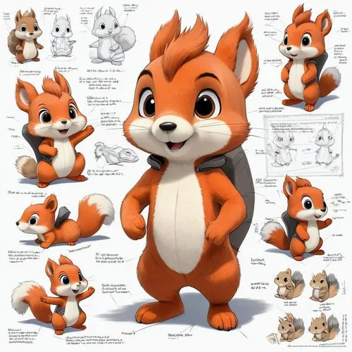 HIRO,Plush toy and it's pencil design manuscript: A little squirrel and his design process pencil manuscript,with length marks,pencil designs from all angles,,a drawing of an animation character surro