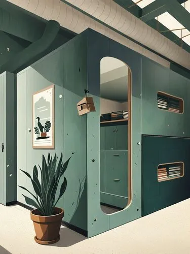 a very unique looking room with a green and gold color,mid century modern,mid century house