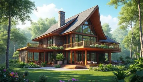 A beautiful one-story modern tropical house with a steep pointed roof, elegant wooden balcony, large glass windows, spacious veranda, natural stone walls, surrounded by lush green garden and colorful 