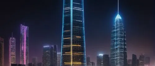 Modern architype architecture, futuristic skyscraper, sleek metal structure, reflective glass façade, neon lights illuminating the edges, towering high-rise building, urban cityscape, misty atmosphere