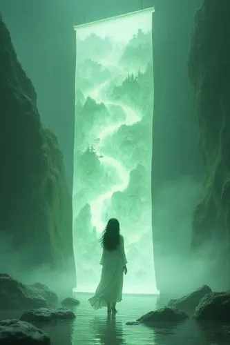 1girl,Luminous glass landscape,an unfolded scroll,one end of the scroll cylinder can be seen. At the top of the scroll page are standing dancing women,ancient buildings,bridges,rivers,3D art,C4D,jade 