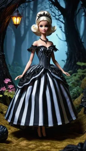 60s barbie doll in a black and white striped ballgown,Barbie,doll dress,dress doll,fairy tale character,female doll,crinoline,fashion doll,ballerina in the woods,storybook character,operetta,a girl in