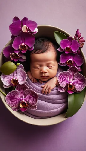 newborn baby in bowl with orchids, plum and purple tones,water lily plate,chinese teacup,salad plate,decorative plate,chinaware,flowers png,flower bowl,tableware,baby playing with food,vintage dishes,