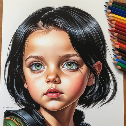 a aeon flux art style drawing of a cartoon little girl, drawn with colored inks and colored pencils,coloured pencils,colored pencils,color pencils,child portrait,color pencil,colour pencils,girl portr