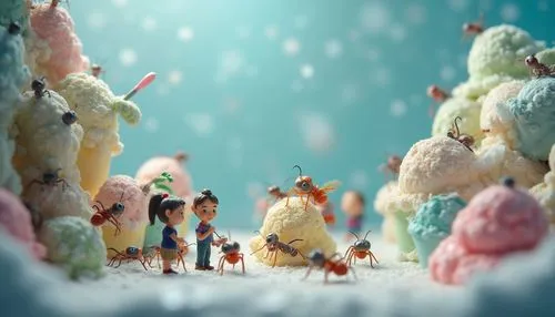 Inside a giant ice cream freezer, a whimsical scene unfolds: miniature people and friendly ants gather together to taste and enjoy colorful scoops of ice cream. The setting is playful and surreal, wit