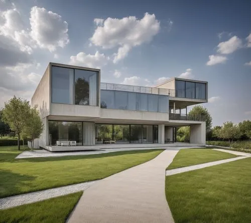 A perspective view of residential architecture with garden, CANON EOS 5, realistic,modern house,glass facade,modern architecture,cube house,cubic house,house hevelius,frisian house,dunes house,archida