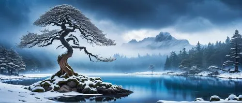 A detailed digital illustration of an ethereal stormy sky, with an ethereal, snow-covered landscape. The foreground is adorned with a  bonsai maple tree whose trunk reaches toward the dark water, whil