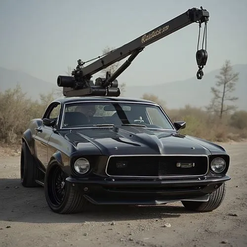muscle car with canon, black matt,an old timey car has its crane attached,mustang,crane boom,ford mustang,tow truck,bronco,mustangs,mad max,fastback,mustang tails,open hunting car,cobra,desert safari,