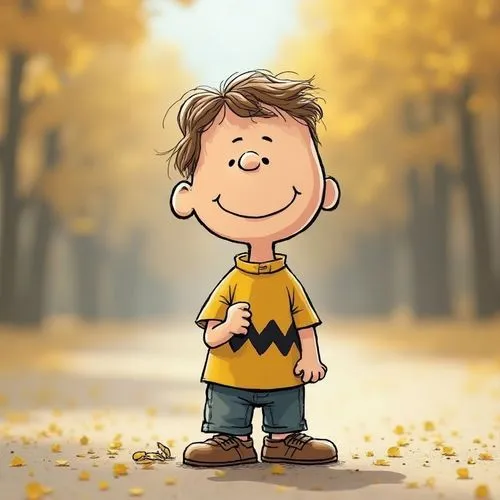 happy child in Peanuts Snoopy style with blurred background,a cartoon image of a boy with a yellow shirt,golden autumn,leaves are falling,autumn background,in the fall,autumn gold,autumn walk,fall sea