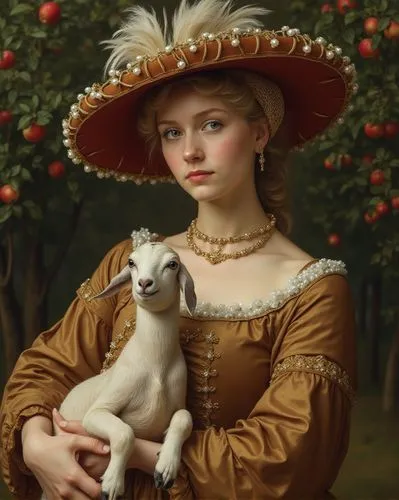 <Portrait of a blonde lady with a goat in her arms>, oil painting in the style of <class> Lucas Cranach the Elder, on the head is wide-brimmed and flat, horizontally asymmetrical, put on diagonally at