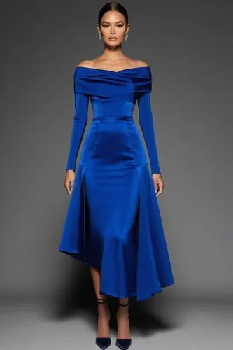 a fashion model wearing blue Wrapped Stretch  tulle off shoulder top and  skirt ,woman in blue dress on gray background,siriano,a floor-length dress,dress form,mazarine blue,blue dress,royal blue,tahi