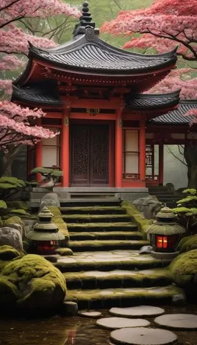 Toffu inspired, Japanese temple, intricate carvings, vermilion red, tiered roofs, curved lines, ornate doors, lanterns, stone steps, moss covered, serene atmosphere, misty morning, cherry blossom tree