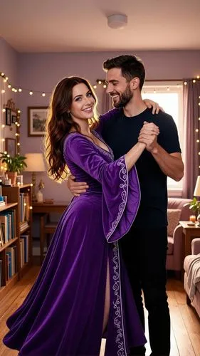 A stunning mage in her thirties, with an adventurous spirit, long chestnut hair, and blue eyes, surprises us in her small apartment.
A purple mage's outfit accentuates her feminine curves. She's walt