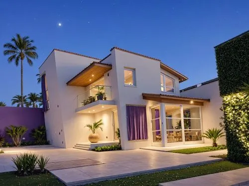 A photo-realistic rendering of a modern two-story house at night, showcasing a contemporary design with a blend of contemporary and contemporary elements. the house is located in a suburban area, with