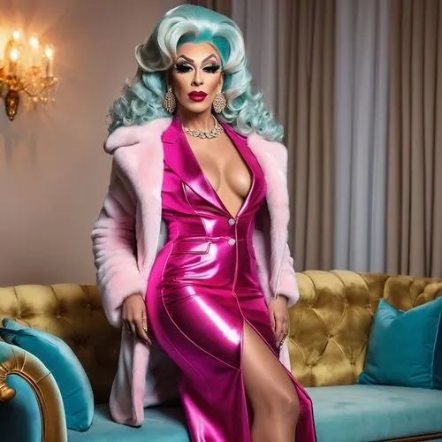 dos dragqueen mayores con mucho dinero ,con el pelo largo, traje de fiesta ,con tacones y con abrigo de piel largo, sentada en un sofa ,a  woman posing in a shiny pink dress and fur coat,willam,kamero