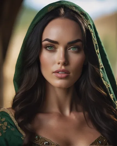 Make a beautiful female with a black long hair and green eyes, make her dressing a medieval dress and a cloak, make her look like Megan Fox,fantasy portrait,celtic queen,celtic woman,arabian,arab,worl