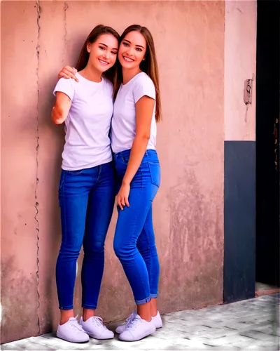 Two people, friends, smiling, casual wear, jeans, white T-shirts, sneakers, arms around shoulders, leaning against wall, urban background, warm afternoon light, shallow depth of field, soft focus, cin