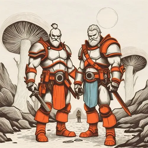 two cartoon characters standing on top of a forest,sarmatians,centurions,toriyama,konietzko,futurians,legionaries