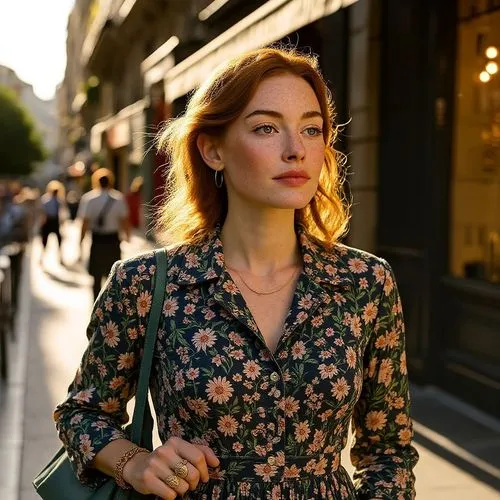 Change her outfit to a vintage - style floral dress, keeping the same pose and lighting.,a beautiful woman standing on a sidewalk next to a tall building,woman walking,floral dress,on the street,stree