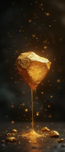 A flying golden granit stone, dark background, blurred background, 8k, gold dripping,a golden piece of material floating on water in an abstract scene,pour,drop of water,poured,golden rain,a drop of w