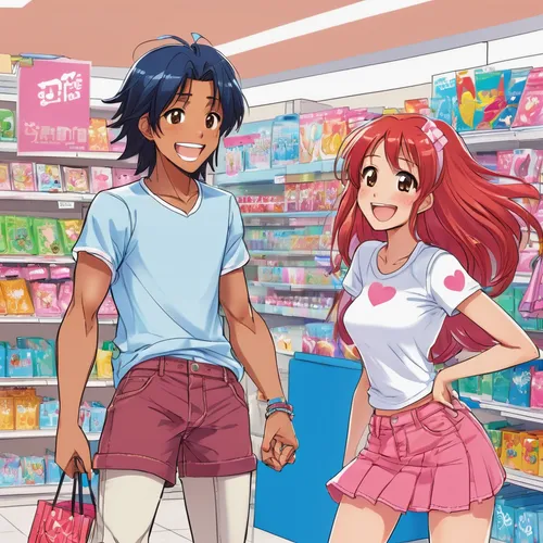 manga teen boy with long red hair and brown eyes wearing a blue crop top and white denim shorts laughing and shopping with a teen girl with shoulder length black hair and dark skin wearing a t-shirt w