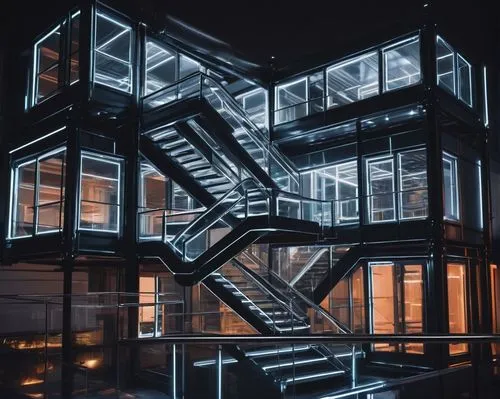 Modern containers, futuristic architecture, sleek metal exterior, silver accents, transparent glass roofs, industrial pipes, minimalist interior, spotlights, metallic stairs, urban cityscape, night sc