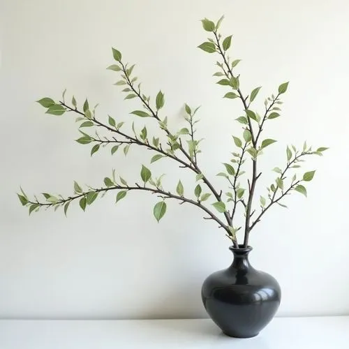 delicate elegant decorative branches with small green leaves ,on white wall,frontview, simple elegant  black stone vase
,a vase that has some nches in it,a sprig of white lilac,growing mandarin tree,p