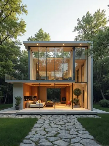 An isometric architecture of a glass house, by karim rashid, bauhaus architecture, concrete and glass facade, outdoor forest, front view, natural light with warm tones,this is a modern, contemporary h