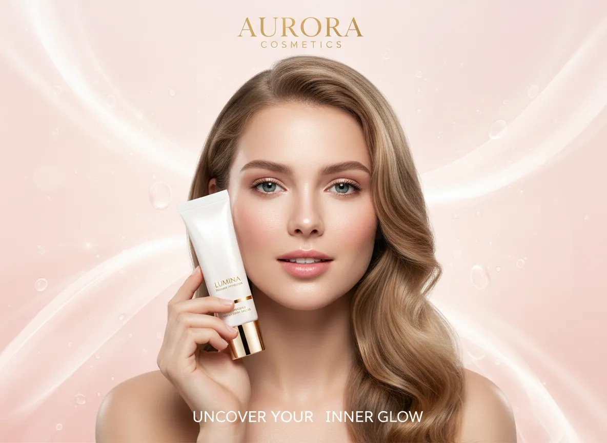 Eine Serie von drei zusammenhängenden High-Key-Marketingpostern für eine Kosmetikmarke, die alle mit PromeAI erstellt wurden, um visuelle Konsistenz zu zeigen.