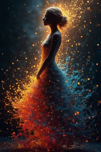 a dress made of light, on a beautiful radiant female being abstract vector fractal, wave function, Zentangle, 3d shading,a painting of a woman dressed in black,fire dancer,firedancer,fire dance,dancin