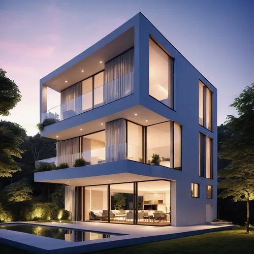 [Modern multi-story building at dusk, illuminated interiors visible through large windows, peaceful and sophisticated mood], [architectural visualization, photorealistic style], [reference to the work