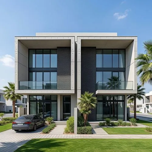 two large, modern, two - story, three - story house with car parked in front,modern house,modern architecture,contemporary,dunes house,luxury home,oceanfront,modern building,cube house,luxury property