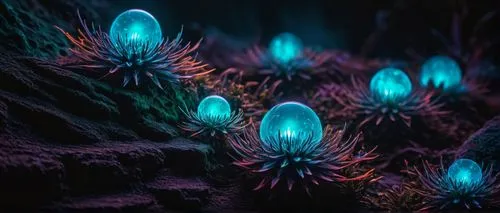 transparent bioluminescent,hologram neon,sharp focus, 


intricate details, 

highly detailed
,several colorful cactus plants with light up balls on them,bioluminescent,bioluminescence,fluorescens,spe