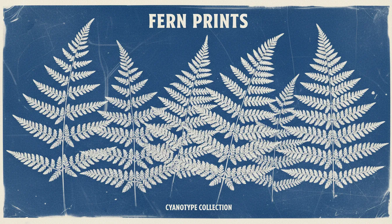 Un poster dettagliato generato dall'AI che mostra un effetto cianotipia su una collezione di foglie di felce, con silhouette bianche nitide su un intenso sfondo blu di Prussia.