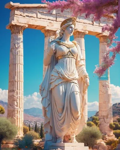 Ancient Greek temple, Doric columns, ornate marble carvings, intricate sculptures, goddess Athena statue, white robes, laurel wreath, mythological creatures, Mediterranean landscape, bright blue sky, 