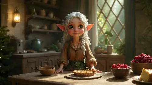 there is a little elf at the table,elf,wood elf,violet head elf,elfin,baby elf,elves flight,male elf,elvish,elven,elf on a shelf,hanging elves,gnomish,fairy tale character,gingerbread maker,oaken,conf