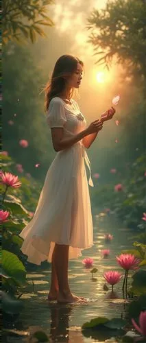 In the center of a lush garden, there is a serene lily pad, filled with colorful flowers. The sun is just beginning to rise, casting a warm orange glow on the leaves of the trees and the surrounding f