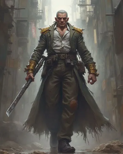 Horror protagonists, antagonists, ,a man in costume and sword stands in an alley,mercenary,game illustration,mercenaries,bomber,commissar,male character,fury,grandmaster,quartermaster,swordsman,game a