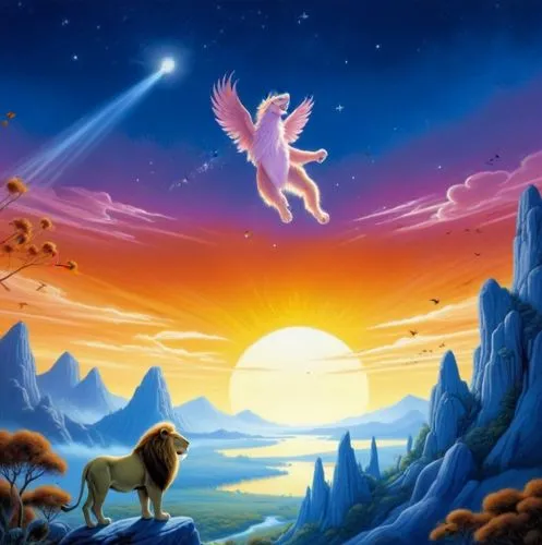 a majestic lion stands its golden head, holding a golden seed in its limbs. The sun's warm rays cast a delicate glow on the forest below, which is full of a peaceful landscape. A gentle breeze rustles