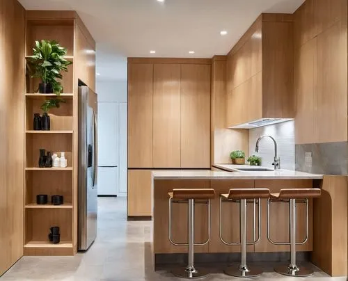 A modern and stylish kitchen featuring a combination of cream MDF and wood, creating a warm and inviting atmosphere. On the right side, there is a double-bowl sink along with a built-in cooktop, while