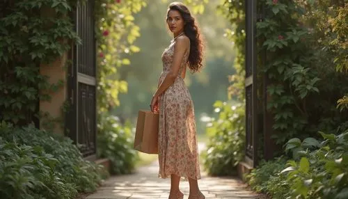 Elegant lady, 30s, standing, vintage dress, floral patterns, long curly brown hair, natural makeup, pearl necklace, high heels, holding a recycled paper bag, surrounded by lush greenery, botanical gar