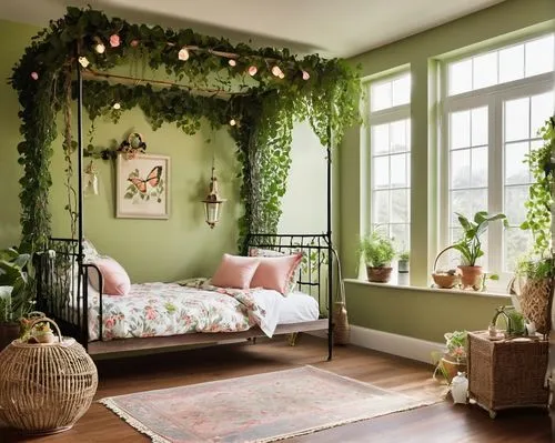 t a "Secret Garden" themed bedroom. Start by painting the walls a soft, mossy green to evoke the feeling of being surrounded by lush vegetation. Install a trellis or canopy above the bed and drape it 