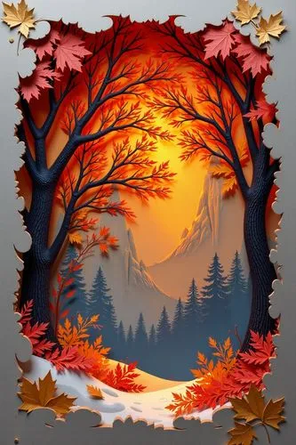 An abstract design using torn paper in warm autumn colors, creating a unique pattern to form an image of a Christmas Tree in the winter time. Hyper-maximalism ▪ Ultra-detailed photorealistic ▪ Insane 