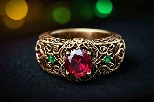 Fantasy ring, ornate, golden, diamond, ruby, emerald, intricate design, Celtic pattern, mystical symbol, glowing aura, dramatic lighting, dark background, spotlight on the ring, macro shot, extreme cl