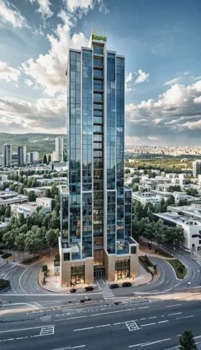  building color with futuristic architectural modern ,a very tall building with many windows on top,renaissance tower,residential tower,international towers,the energy tower,sky city tower view,modern