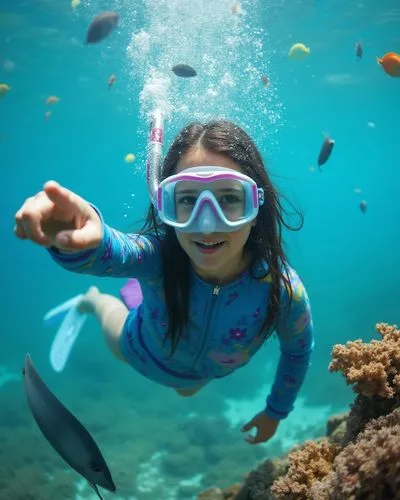 A teenage girl snorkeling in crystal-clear ocean water, surrounded by colorful fish and coral reefs. She’s wearing a vibrant wetsuit and goggles, pointing excitedly at a school of fish swimming nearby