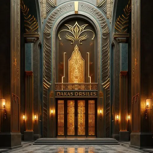 Ornate art deco building, zigzag patterns, metallic materials, geometric shapes, luxurious golden accents, bold typography, symmetrical composition, grand entrance, ornate doors, sculptural details, v